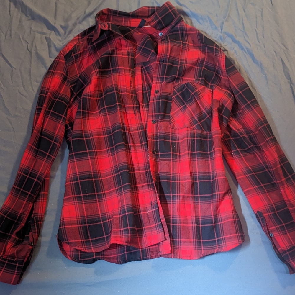 Long Sleeve Plaid Blouse, Red and black H&M Medium